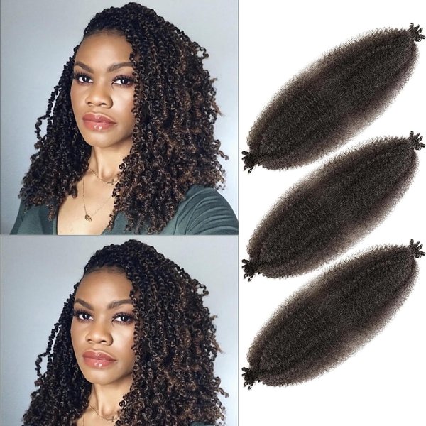Springy Afro Twist Hair 3Pcs 16in Pre-Separated Kinky Marley Twist Braiding Hair for Distressed Faux Locs Synthetic Hair Extensions Cuban Twist Hair(4#-Natural brown)