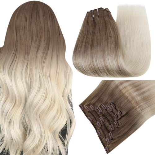 Easyouth 22 Inch Clip in Hair Extensions Human Hair #8/60 Balayage Brown to Platinum Blonde Hair Extensions Clip ins 7pcs Natural Hair Clip in Extensions 120g