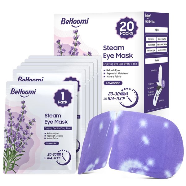 BeHoomi 20 Packs Steam Eye Mask, Lavender Heated Eye Mask Disposable Warm Compress for Eyes, Self Heating Moist Heated Eye Masks, Comfortable and Relax Sleep Mask, Stocking Stuffers