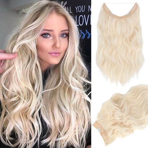 SHANGZI Halo Hair Extensions 20 Inch Invisible Wire Bleach Blonde Hair Extensions Adjustable Long Wavy Hair Extensions Synthetic Upgrade 4 Secure Clips in Hairpieces
