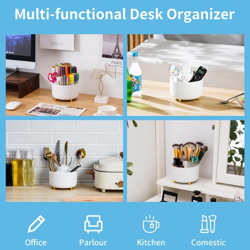 Marbrasse Desk Organizer, 360-Degree Rotating Pen Holder for Desk, Desk Organizers and Accessories with 5 Compartments Pencil Organizer, Art Supply Storage Box Caddy for Office, Home （White）