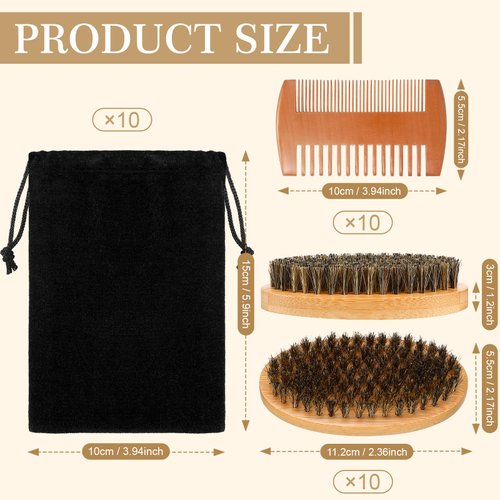 10 Sets Beard Brush and Comb Set Beard Grooming Kit for Men Beard Care Natural Boar Bristle Brush Pear Wood Beard Comb Dual Sided Wide Tooth Comb with Travel Pouch for Valentine Gift(Oval)