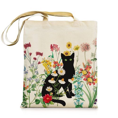 bmuvghi Black Cat Canvas Tote Bag with Zipper Pockets Vintage Flowers Cute Tote Bag Aesthetic Reusable Shopping Grocery Bags Birthday Gifts for Women Mother Teacher
