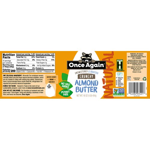 Once Again Natural Crunchy Almond Butter, 16oz - Roasted - Salt Free, Unsweetened - Gluten Free Certified, Peanut Free, Vegan, Kosher, Paleo - Glass Jar