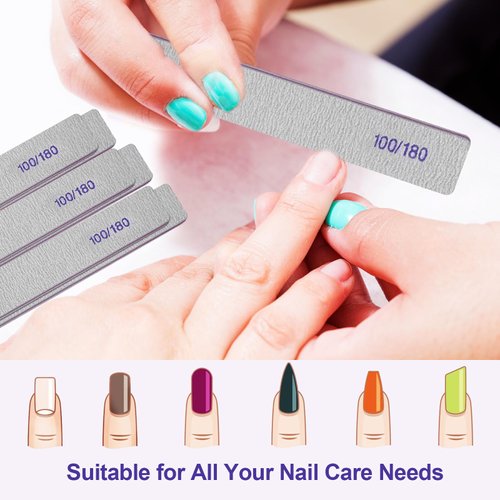 100/180 Grit Nail File (6 Pack), Emery Board Nail Files for Acrylic Nails and Natural Nails, Double Sided Emory Boards Professional Nail Filer Reusable Washable Manicure Square Gray