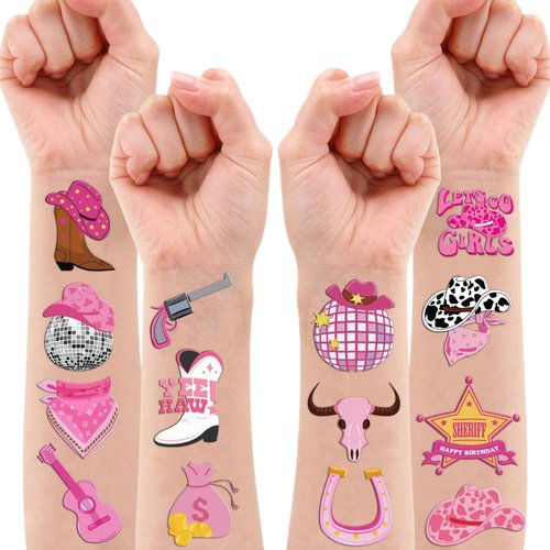 100PCS Disco Cowgirl Temporary Tattoos Stickers Themed Pink Western Horse Rodeo Birthday Party Supplies Favors Decorations Preppy Y2K Tattoo Sticker Gifts For Women Girls School Prizes Carnival