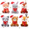 Aoriher 6 Pcs Christmas Mini Woodland Animals Plush Toys Bulk Gift4 Inch Cute Plush Bear Rabbit Squirrel Raccoon Stuffed Keychain for Baby Shower Birthday Party Table Centerpiece Decor(Cap and Scarf)