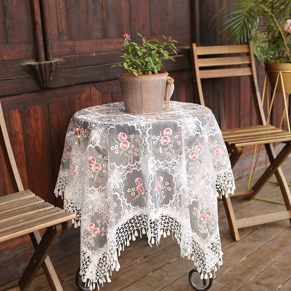 vctops Floral Square Tablecloth Tulle Lace Spliced Overlay Embroidered Table Cover for Wedding Banquet Holiday Dinner Tables (Pink Flower, 49 x 49 Inch)