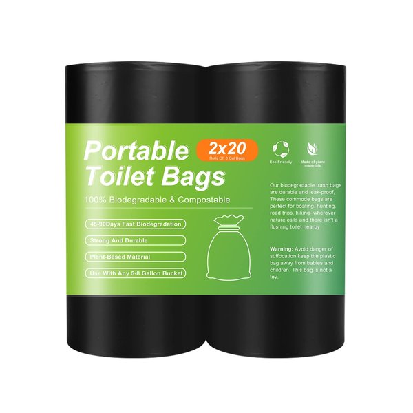 Portable Toilet Bags for Camping｜40 Liners Toilet Replacement Bags ｜ 100% Compostable & Biodegradable, 8 Gallon Thickened Bucket Liner for Outdoor Boating Trip, Trash Bags Plastic Free