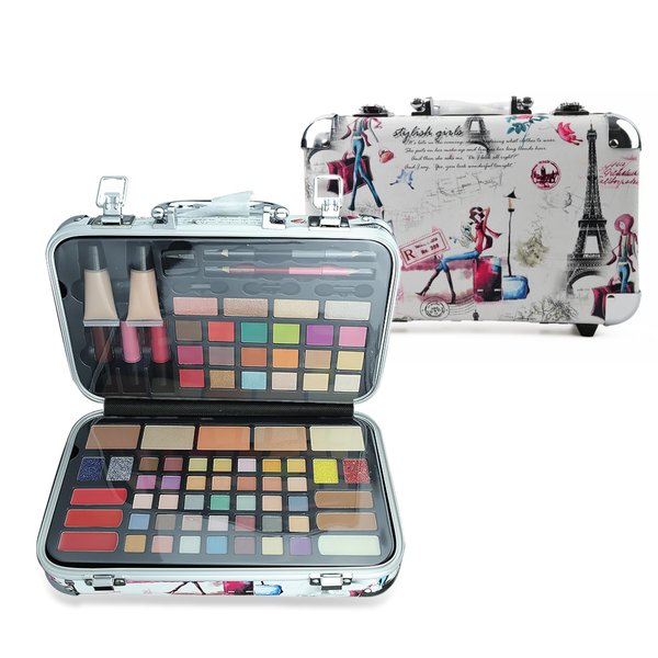 liliduro All-in-One Makeup Kit, 4 eyeshadow shades (matte, shimmer, pearl, satin), highlighter, contour, blush, lip products (gloss, lipstick, liner), foundation, eyebrow pencil.