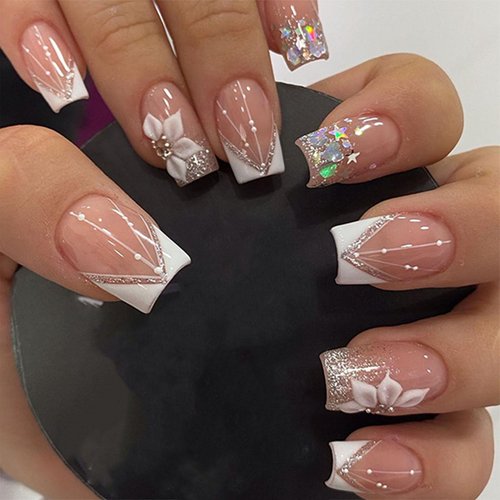 IMRAIN Press on Nails Short Square Fake Nails White French Tips Glossy False Nails Cute Bling Glitter Nails Press ons Gel Glue on Nails Full Cover Flower Stick on Acrylic Nails for Women Girls