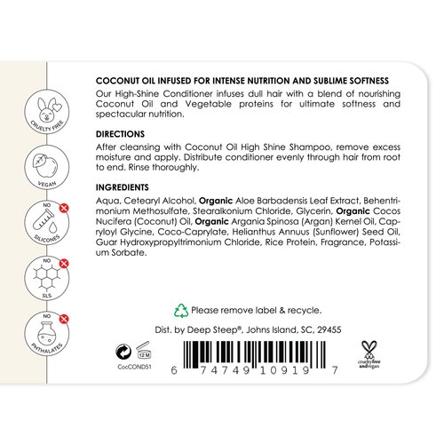 Deep Steep Premium Hair Care Conditioner, 17oz (Coconut Oil High Shine)