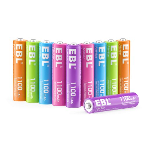 EBL Rechargeable AAA Batteries 10 Pack High Capacity1100mAh (10 Pack- 5 Color in One Box) 1.2V Ni-Mh Triple AAA Battery ProCyco Technology
