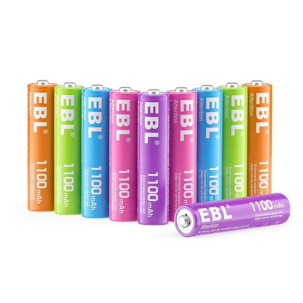 EBL Rechargeable AAA Batteries 10 Pack High Capacity1100mAh (10 Pack- 5 Color in One Box) 1.2V Ni-Mh Triple AAA Battery ProCyco Technology