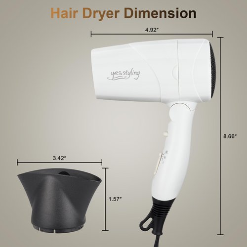Travel Compact Hair Dryer, 1875W Lightweight Blow Dryer with Detachable Handle,1 Nozzle, 2 Heat Settings, 2 Speed Slide Switch, Cool Shot Button, Fast Drying for Family, Student (White)