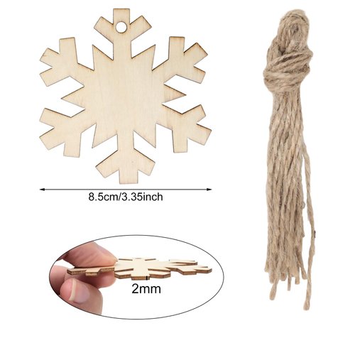 Honbay 30PCS Snowflake Wooden Hanging Ornaments Snow Flake Unfinished Blank Wood Pieces Wood Slices Wood Chips Embellishments Wooden Gift Tags Crafts Christmas Tree Hanging Decorations - with Twine