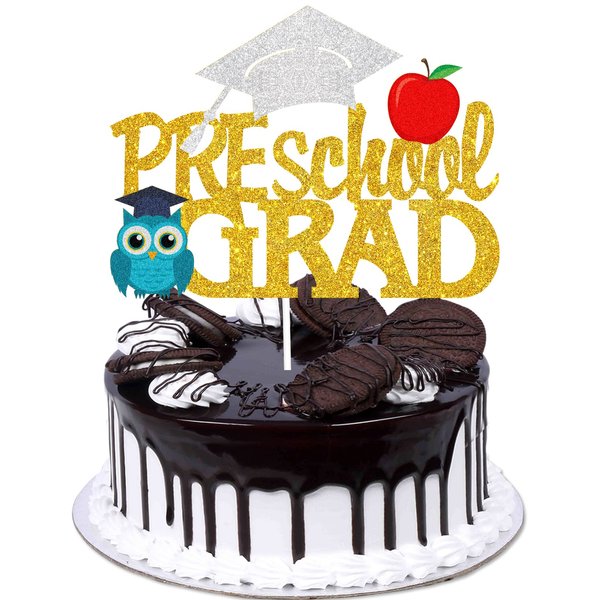 Preshool Grad Cake Topper - Happy Graduation Class Of 2024 Kindergarten Congrats Grad Gold Glitter Apple Owl Cake Topper Supplies - Nursery School Graduation Party Decoration