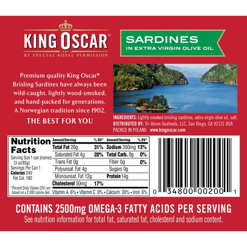 King Oscar Brisling Sardines in Extra Virgin Olive Oil, 3.75-Ounce Cans (Pack of 1)