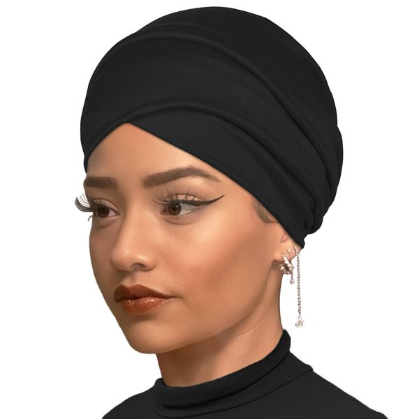 XTREND 1 Piece Stretch Jersey Head Wrap Solid Turban African Extra Wide Turban Breathable Soft Fashion Headwraps Halo Turban for Women (Black)