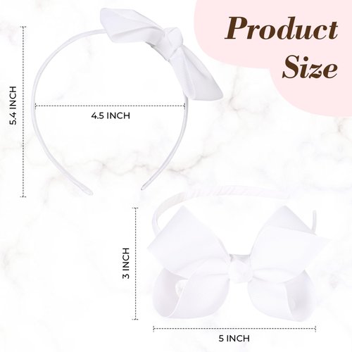 DEEKA 2 PCS 4" White Bow Headband Grosgrain Ribbon Hair Bows for Toddlers Hair Band Accessories for Little Girls Kids Set of 2 -White