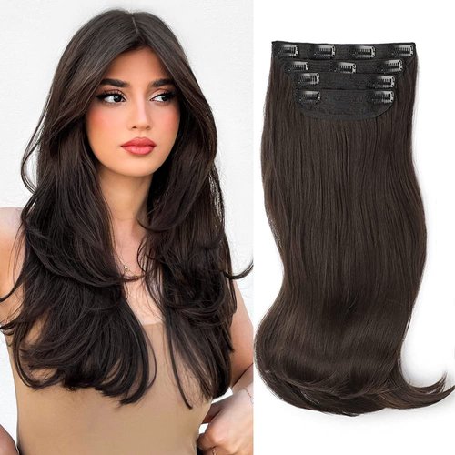 FREEMEIGE Dark Brown Hair Extensions Long Straight Hair Extension Clip in Hair Extension for Women Daily Use 20 Inch
