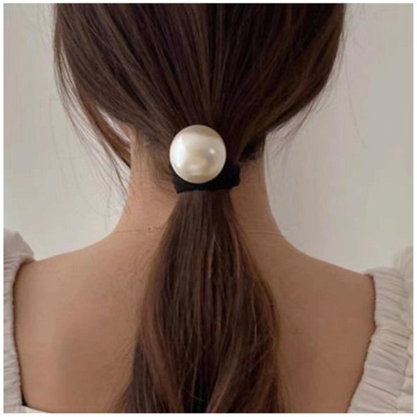 Yheakne Vintage Pearl Hair Tie Elastic Black Hair Rope Band Nylon Ring Hair Band Rope Ponytail Holder Pearl Hair Tie Accessories for Women and Girls Gifts (Black B)
