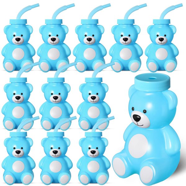 Maxdot 12 Pieces Baby Shower Birthday Party Favor Gift Supplies Bear Cups with Straws,10 oz Plastic Bear Shape Cup Reusable Creative Cups Bulk for Baby Shower Birthday Gift Wedding Party Favors(Blue)