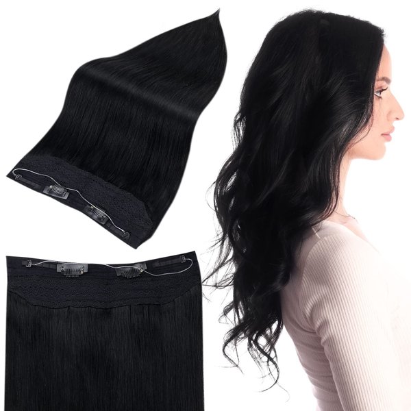 Full Shine Invisible Black Wire Hair Extensions Straight Hair Jet Black Hair Extension Real Human Hair Clip Ins With Transparent Fish Line Secret One Piece Extensions For Women 50G 10 Inch