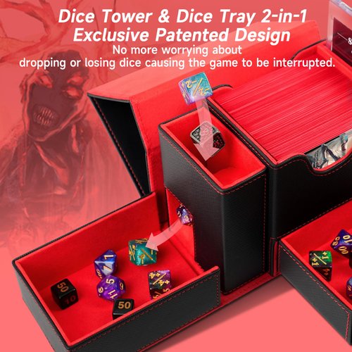 MTG Deck Box, Dice Tray&Tower 2 in 1 MTG Commander Deck Box Fits 120+ Single Sleeved Cards, Leather Magnetic Closure Card Deck Box with Magnetic Card Holders&Base for TCG, CCG, Black/Red