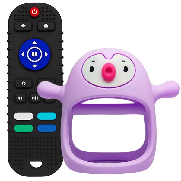 Cozy Tykes Combo Teething Toys Baby Toys 3 Months and up Silicone Teether in 2 Styles Perfect Toddler Toys and Gift Set Baby Girl Gifts Baby Boy Gifts Tv Remote Teether and Penguin Teether (Purple)