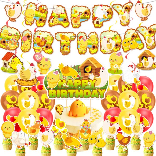 Chicken Party Decorations Chicken Farm Birthday Party Supplies Includes Chicken Birthday Banner Cake Topper Cupcake Toppers Balloons for Chick Birthday Party Baby Shower Decorations