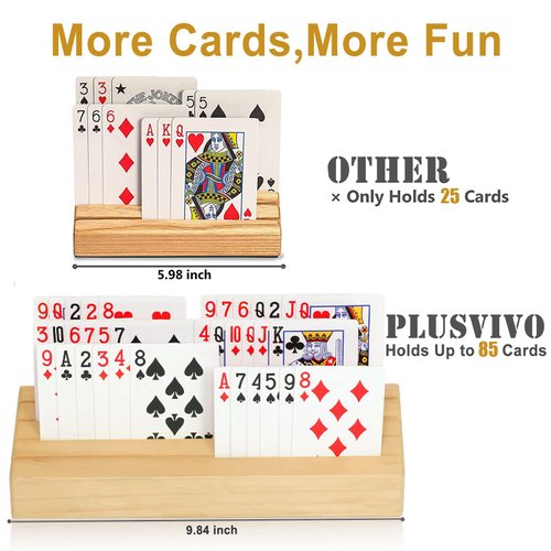plusvivo Card Holders for Playing Cards Set of 2, Pine Solid Wooden Playing Card Holders for Adults Seniors Kids 9.84 X 3.15 X 2.25 Inch, Uno/Canasta/Bridge/Hand and Foot Card Holder