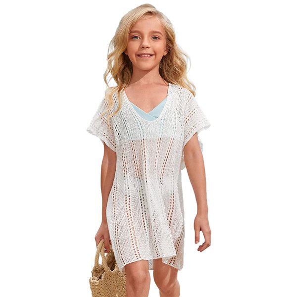 SOLY HUX Girl's Spaghetti Strap Split Hem Crochet Beach Swimsuit Bikini Cover Up White Plain 160
