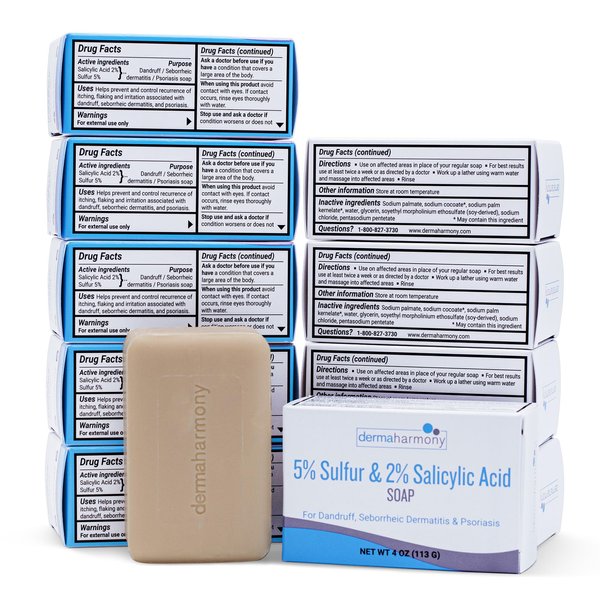 Dermaharmony 5% Sulfur 2% Salicylic Acid Bar Soap 4 oz – Crafted for those with Seborrehic Dermatitis, Dandruff, and Psoriasis (10 Pack)