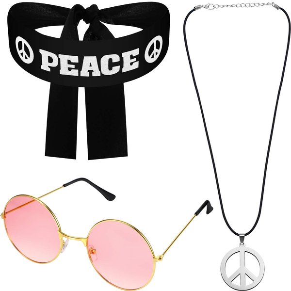 WILLBOND Hippie Costume Set for Women Men, Includes Sunglasses, Peace Sign Necklace and Peace Sign Headband for 60s 70s Party Accessories Carnival Party Halloween Party Costume