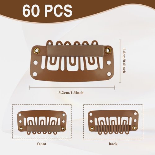 60 PCS 32mm 6-Teeth Brown Hair Wig Clips Metal Snap Hair Clips U Shape Wig Clips Wig Combs to Secure Wig Hair Clips for Wigs Accessories for Women Clips for Extensions Clips with Rubber Chunni Clips