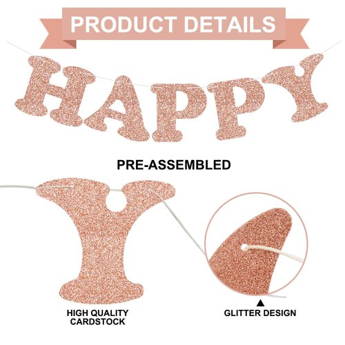 Rose Gold Happy Birthday Banner - NO DIY -Rose Gold Glitter Birthday Party Banner - Pre-Strung -Rose Gold Birthday Garland Ready to Use Rose Gold Birthday Party Decorations & Decor