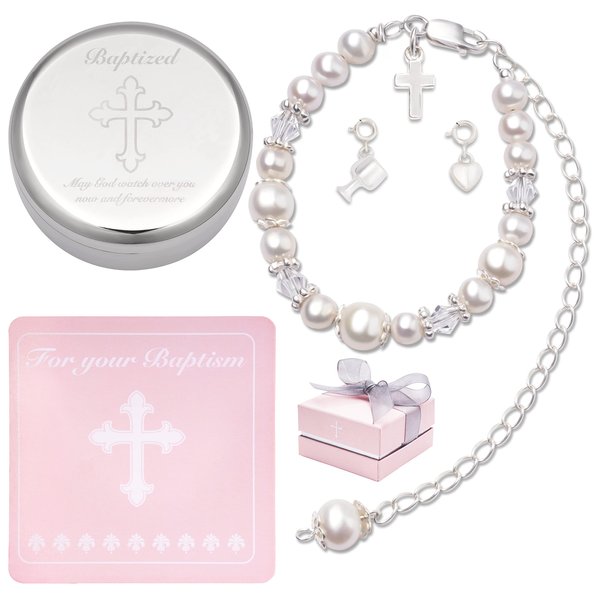 Tryuunion Baptism Bracelet in Sterling Silver and Cultured Pearls for Baby Girls, Comes with a Unique Silver-plated Jewelry Keepsake Box, Christening and Baptism Gifts For Girl,Includes 3 Charms