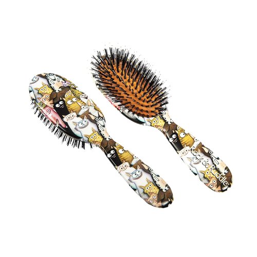 Rock & Ruddle Natural Mixed Boar Bristle Hair Brush for Women and Kids (Small/Travel Size, 17.5cm) - Perfect for Wet or Dry Hair, Detangling Smoothing Blowdrying - Made in UK - Cats & Dogs Design