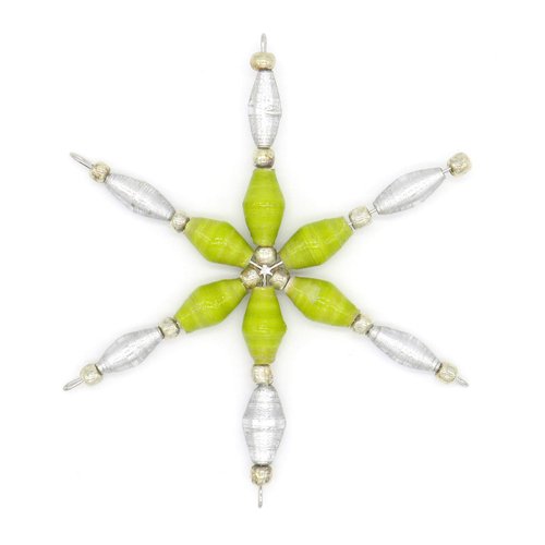 Outreach Uganda Christmas Ornaments – Stunning Silver & Chartreuse Star Ornament – Silver Tree Ornament - Eco-Friendly Tree Decorations - Holiday Gifts Handmade in Africa