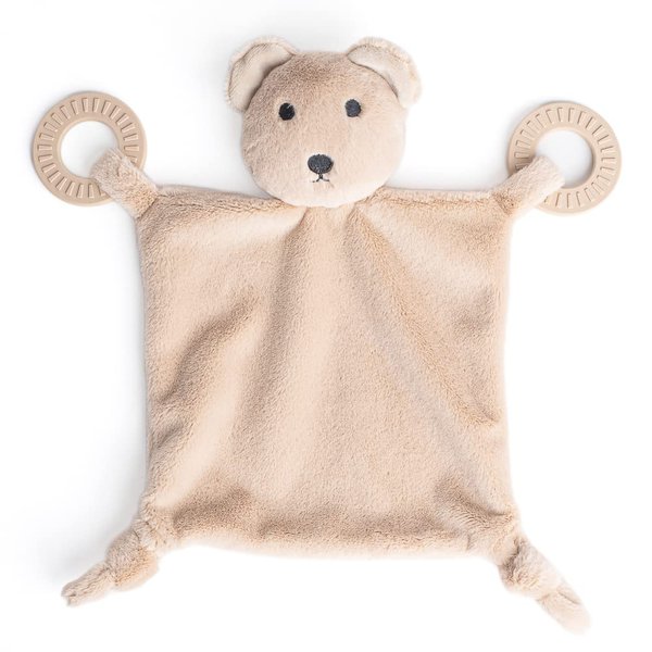 Bella Tunno Teether Buddy – Soft, Plush Baby Lovey with Textured Baby Teether Toy and Gentle Rattling Head, Comforts and Brings Teething Relief, Colorful Animal-Themed Baby Teething Toys (Bear)
