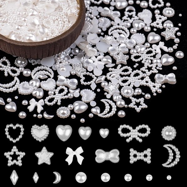 600Pcs 3D Multi Shapes Nail Charms and Flatback Pearls, White Mix Styles Heart Star Bow Sunflower Embellishments for Nail Art, Craft and Decoration with Tweezer and Pickup Pencil