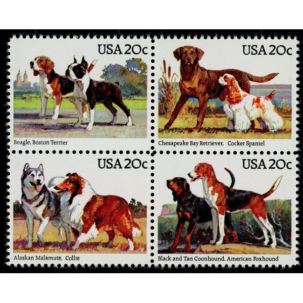 American Dogs Block of Four 20 Cent Stamps Mint Stamps Scott 2101a