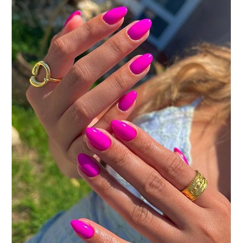 Fuchsia Press on Nails Short Almond Oval Glossy Fake Nails 24Pcs, Solid Color Nails press ons 12 Sizes, Reusable Nail Kit, Stick on Nails for Women and Girls Daily Wear