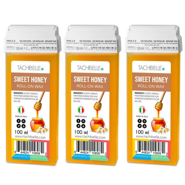 TACHIBELLE ROLL-ON Wax, Depilatory Wax Roller Refill for body, legs and arms 3.52 oz Body Hair Removal Wax Cartridge, Made In Italy (Sweet Honey, 3 Count)