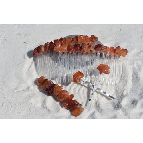 Carnelian Stone Hair Clip Set - Includes 2 Hair Combs, 1 60 mm French Barrette, 2 Hair Pins