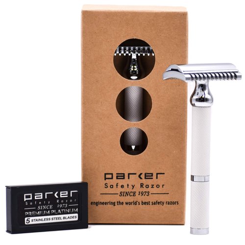 Parker Deluxe OPEN COMB Double Edge Safety Raozr, Electroplated Brass Handle, 5 Blade Refills Included (70C - Bright White)