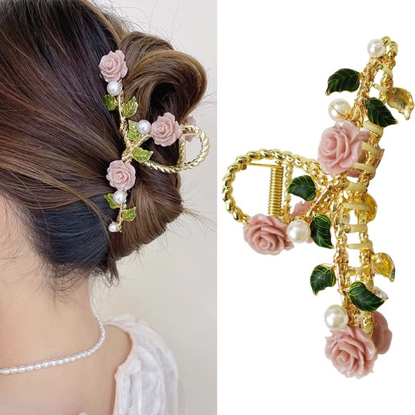 Claw Hair Jaw Clips Barrettes No Slip Pearl Flower Claw Clip Hair Clamp Grips for Women Girls Thin Hair and Thick Hair Pink Rose Hair Clips Barrettes