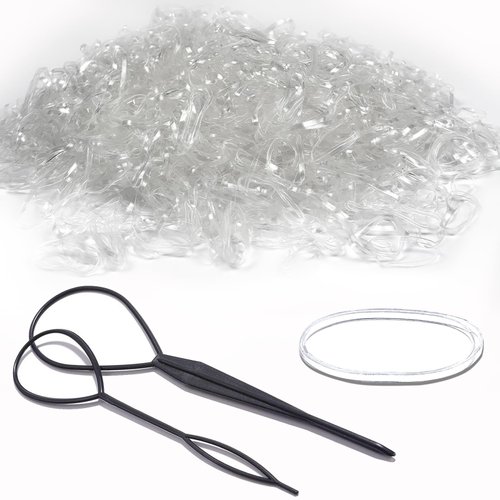 2000 PCS Hair Bands, Elastic Hair Band, Mini Hair Rubbers Ties with 2 PCS Topsy Tail Hair Tools for Girls Ponytail Hair Accessories, Soft Elastic Bands Non-Slip Small Hair Ties. (Clear)