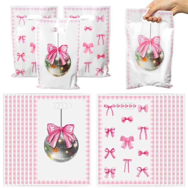 50Pcs Pink Bow Party Favor Bags, Girl Bow Themed Party Gift Bags, Trendy Preppy Goody Treat Bags, Pink Themed Party Decoration for Women Girls Birthday Bridal Shower Bachelorette Party Supplies